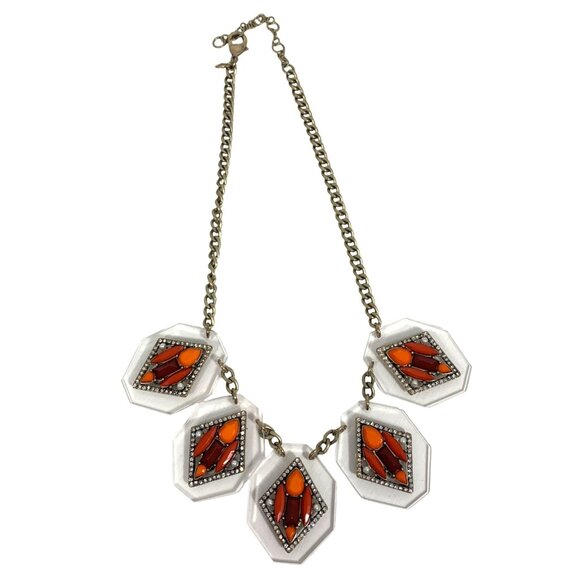 J.Crew Statement Bib Necklace Clear Rhinestone & Orange Lucite Crystal Choker - Picture 2 of 8